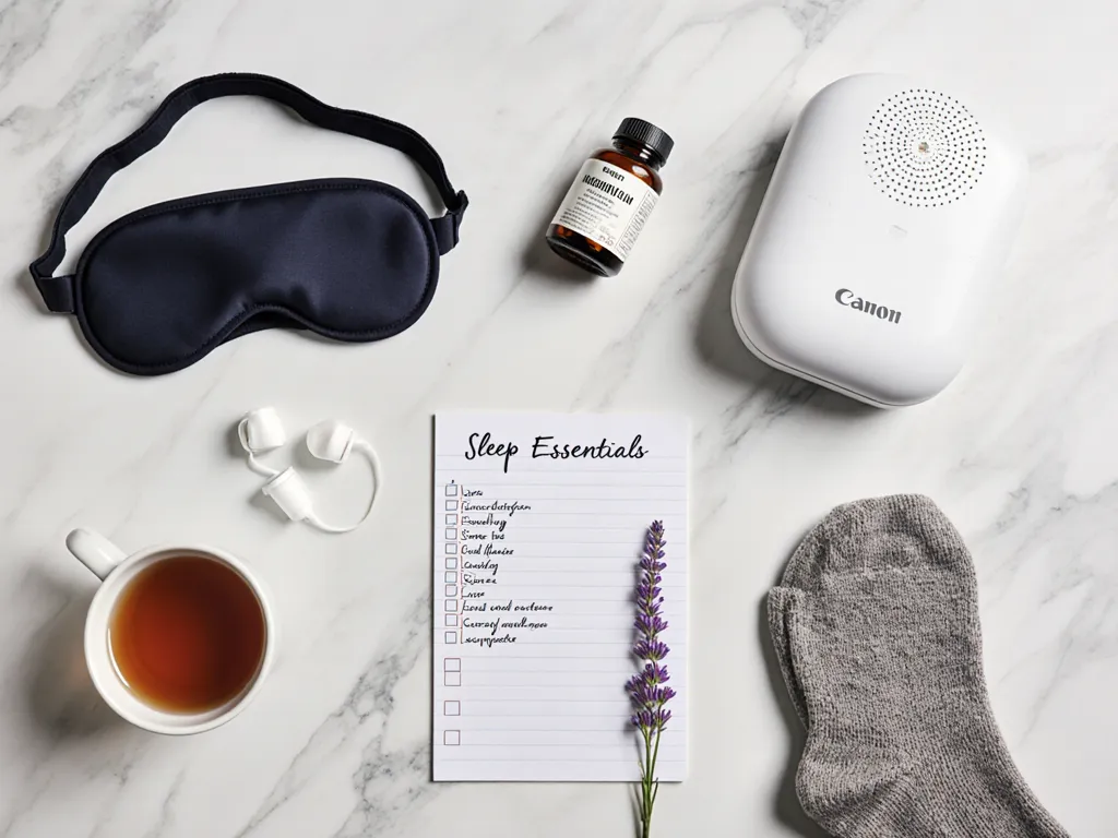 Flat lay of sleep essentials including sleep mask, earplugs, herbal tea, and checklist