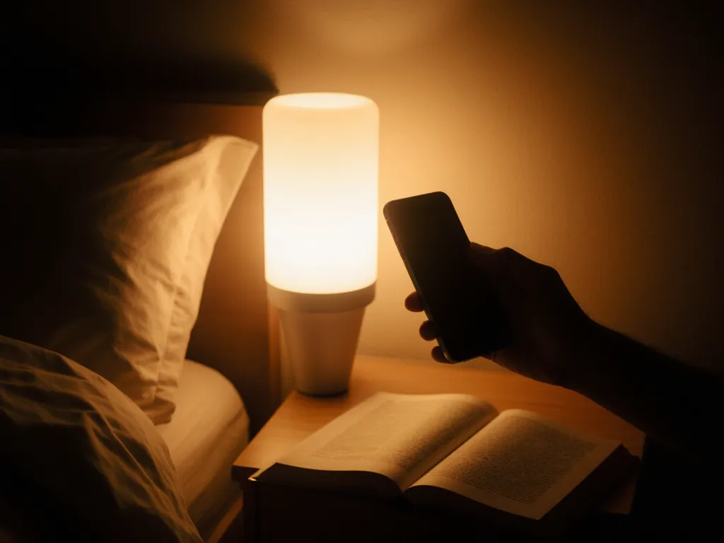 Person dimming a bedside lamp in a cozy bedroom at night
